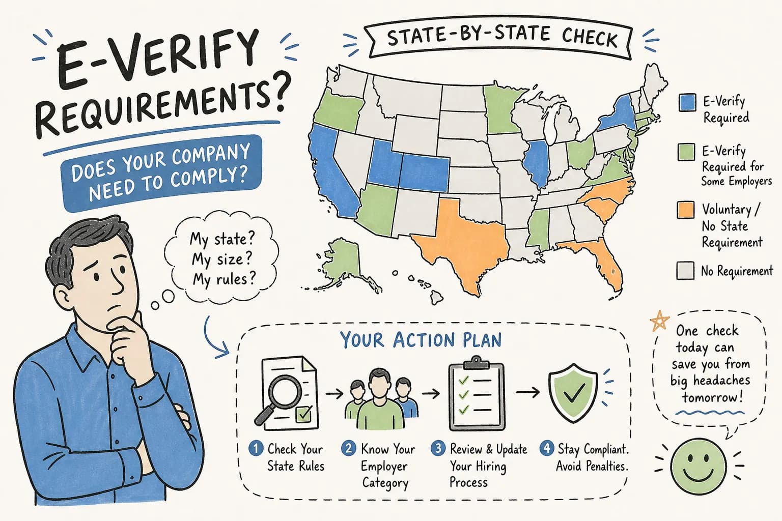 Illustration of employment eligibility verification requirements across seven states.