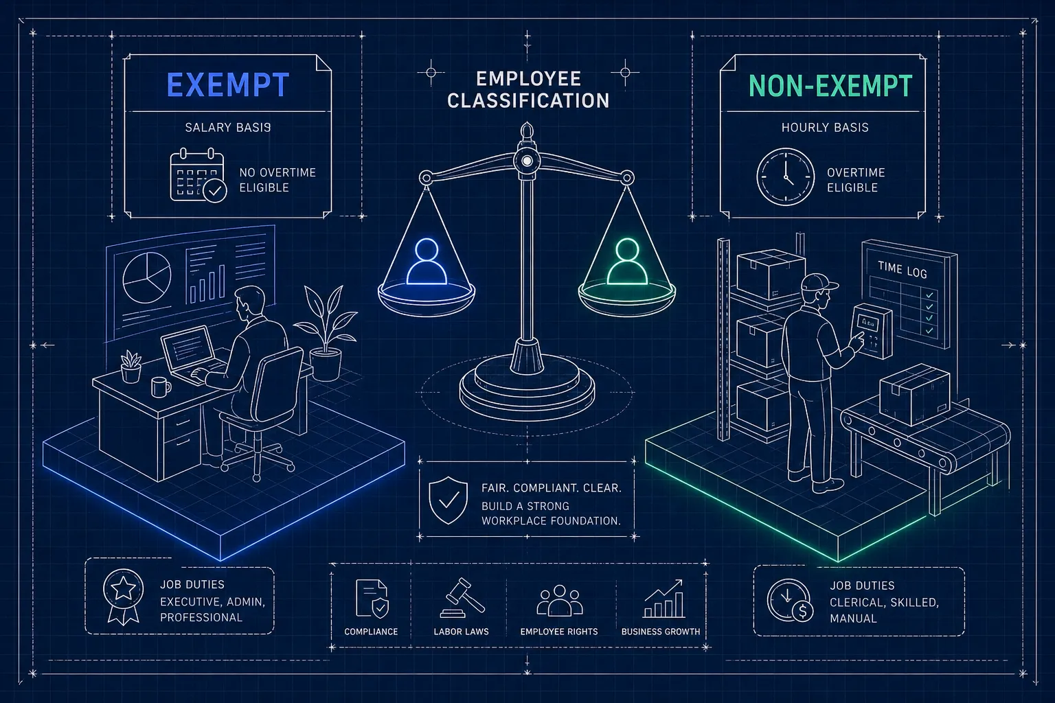 Illustration of the exempt versus non-exempt classification tests under the FLSA.