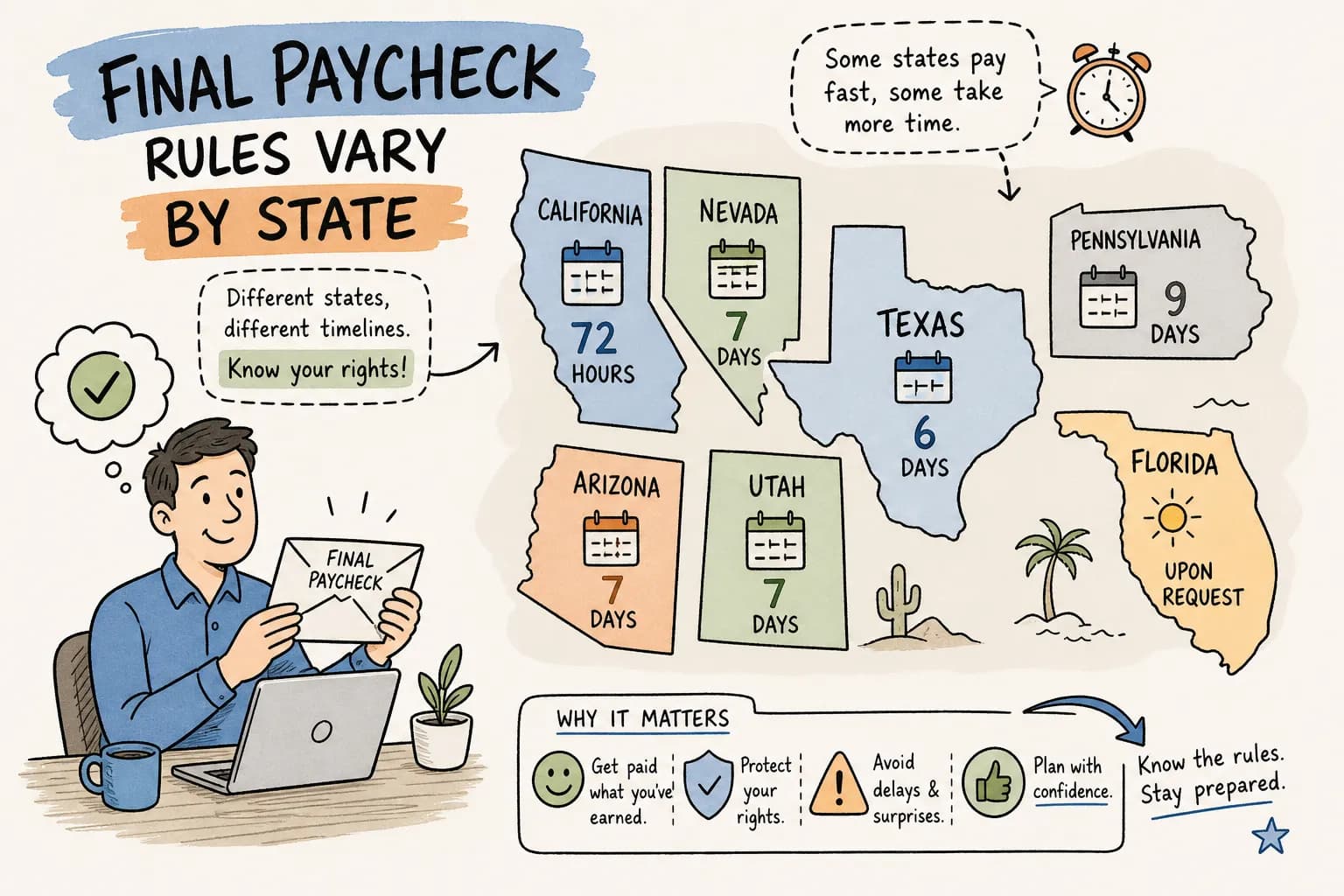 Illustration of a final paycheck being prepared against a separation deadline.