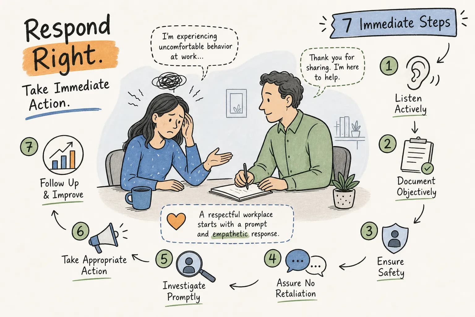 Illustration of an HR professional documenting a workplace harassment complaint.