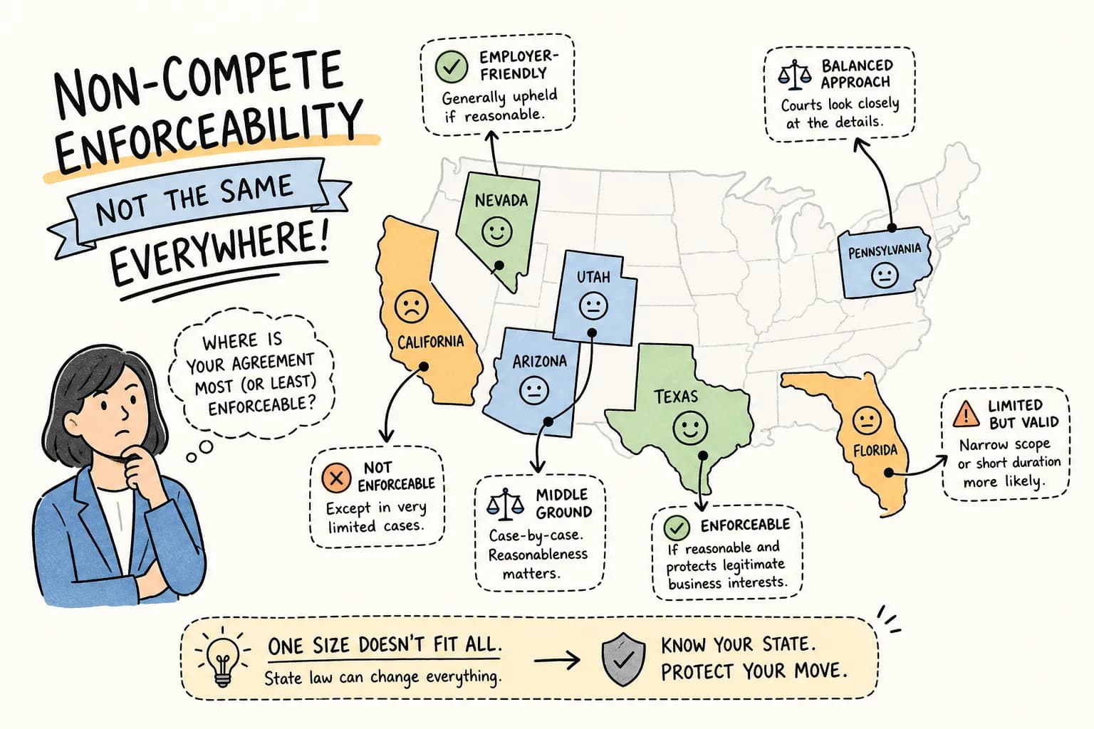 Illustration comparing non-compete enforceability across seven states.