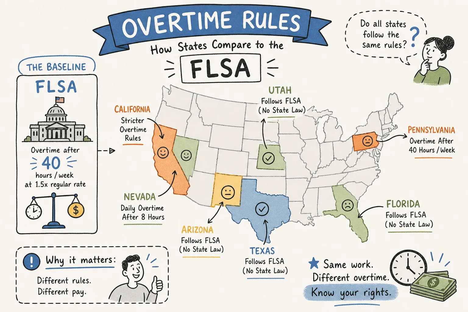 Illustration comparing state overtime rules against the federal FLSA baseline.