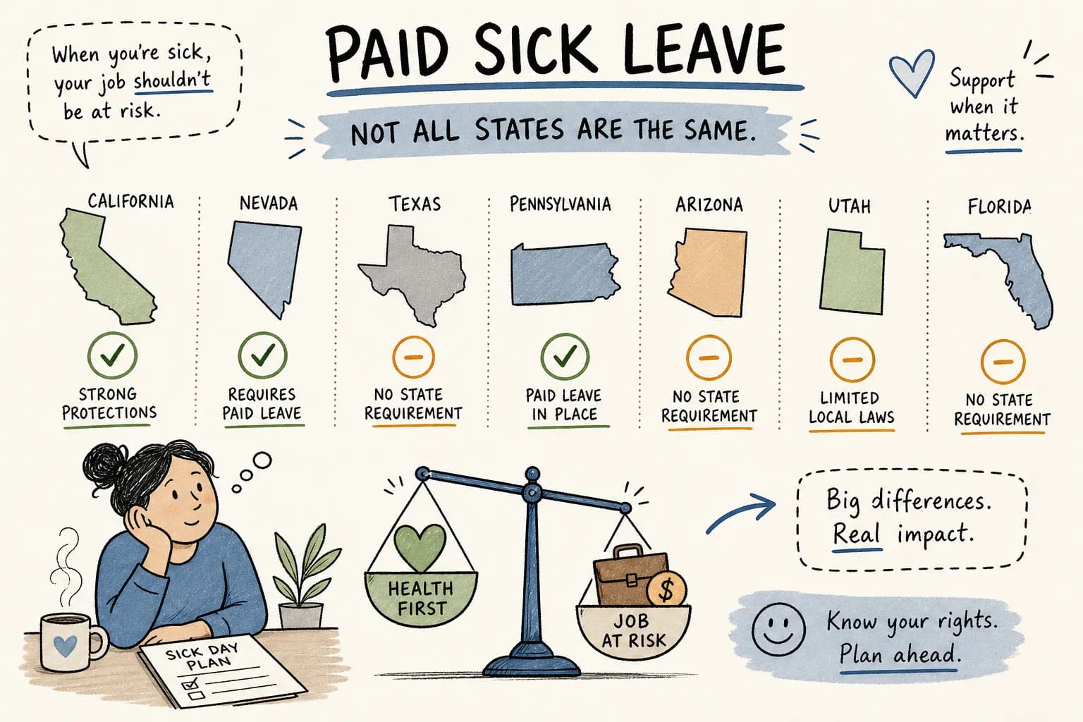 Illustration comparing paid sick leave accrual rules across seven states.